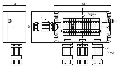 Коробка клеммная взрывобезопасная с кабельными вводами под бронированный кабель. Габарит 220х120х90