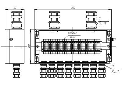 Коробка клеммная взрывобезопасная с кабельными вводами под бронированный кабель. Габарит 360х160х90