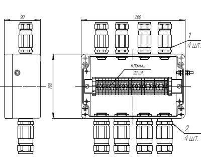 Коробка клеммная взрывобезопасная с кабельными вводами под бронированный кабель. Габарит 260х160х90