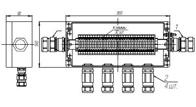 Коробка клеммная взрывобезопасная с кабельными вводами под бронированный кабель. Габарит 360х160х90