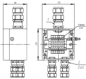 Коробка клеммная взрывобезопасная с кабельными вводами под бронированный кабель. Габарит 122х120х90