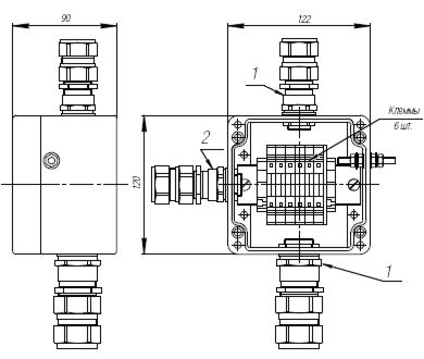Коробка клеммная взрывобезопасная с кабельными вводами под бронированный кабель. Габарит 122х120х90