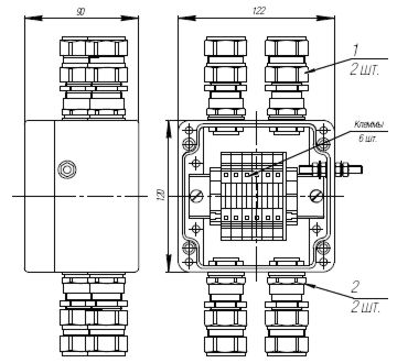 Коробка клеммная взрывобезопасная с кабельными вводами под бронированный кабель. Габарит 122х120х90