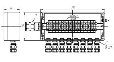 Коробка клеммная взрывобезопасная с кабельными вводами под бронированный кабель. Габарит 360х160х90