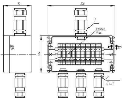 Коробка клеммная взрывобезопасная с кабельными вводами под бронированный кабель. Габарит 220х120х90