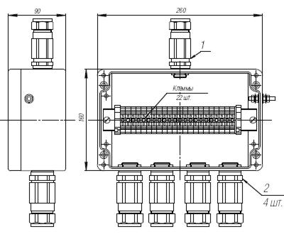 Коробка клеммная взрывобезопасная с кабельными вводами под бронированный кабель. Габарит 260х160х90